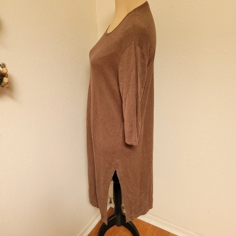 J. Jill Linen Blend Brown Round Neck High Side Slits Knit Tunic Top